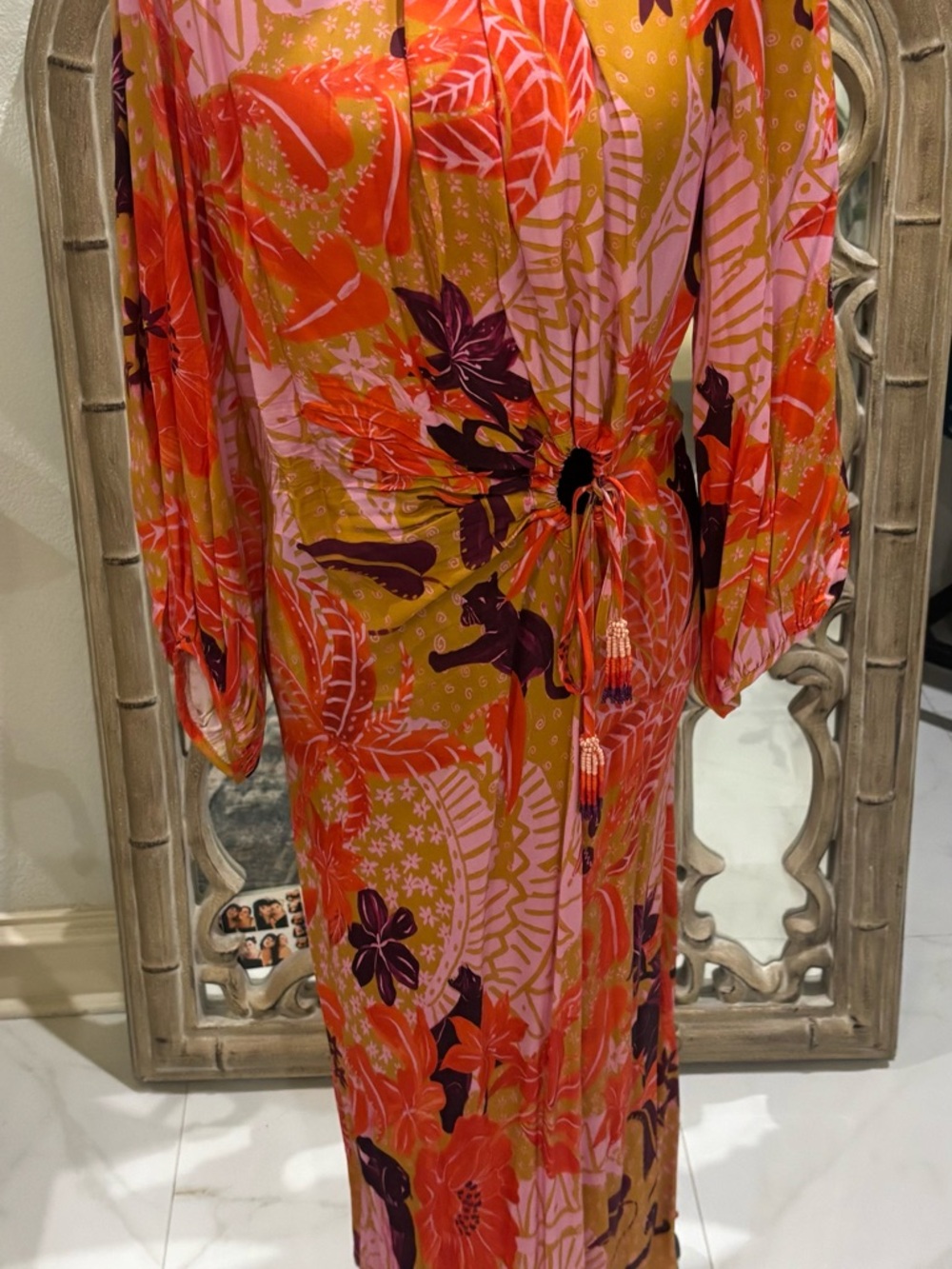 FARM Rio Floral Tie-Waist Maxi Dress in Mustard, Coral & Pink